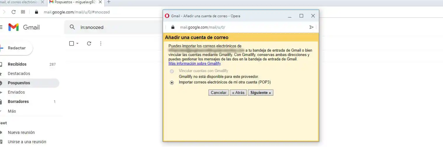 importar correor electronicos de mi otra cuenta POP3
